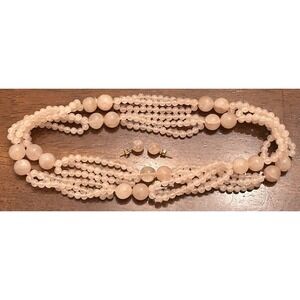 Rose Quartz 14K Gold Earrings and Double Strand Necklace